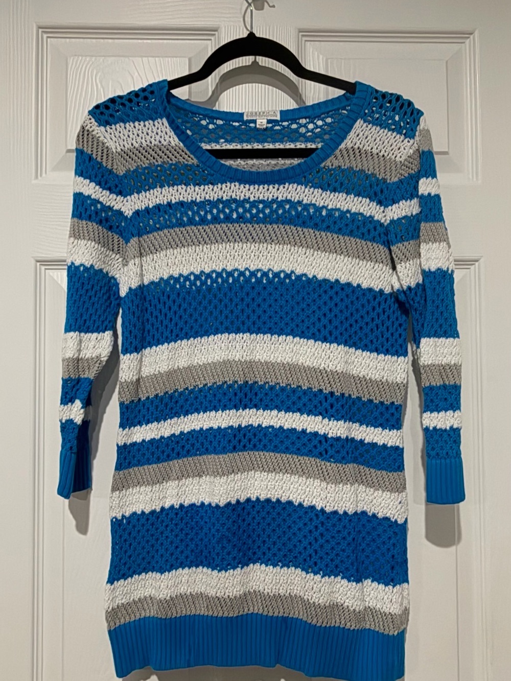 Joseph A Blue, White & Gray Striped Open-Knit Crewneck Sweater